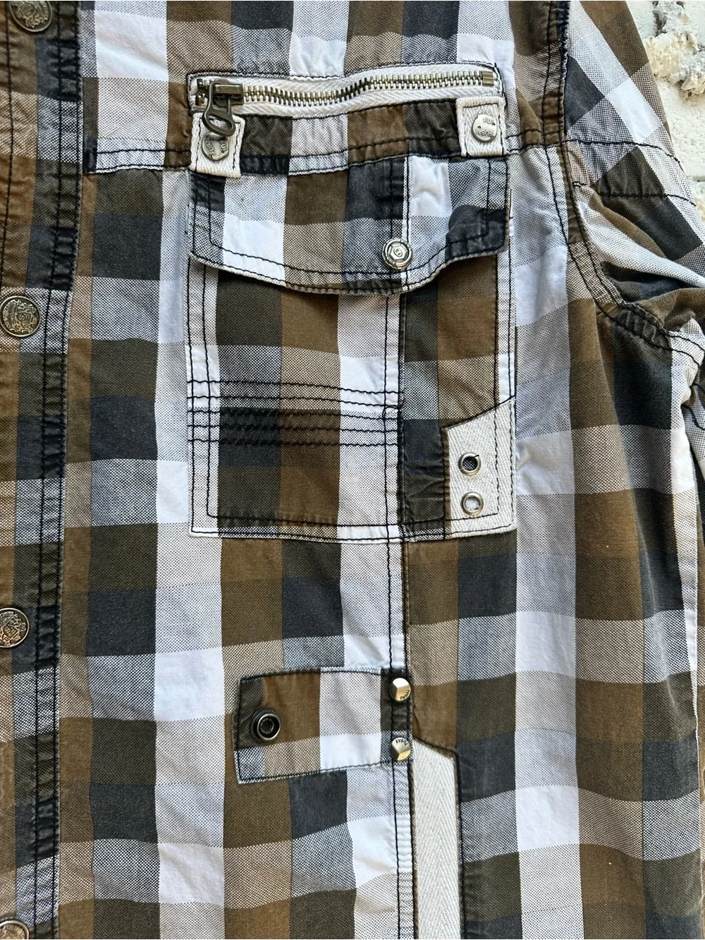 FUSAI Jeans Mens Large Plaid Utility Snap Shirt, Moto Grunge  Y2K Heavy Cotton L